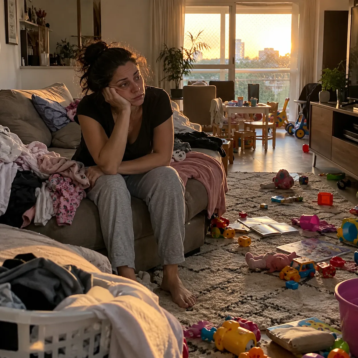 Mujer cansada en el sofá en un salón desordenado