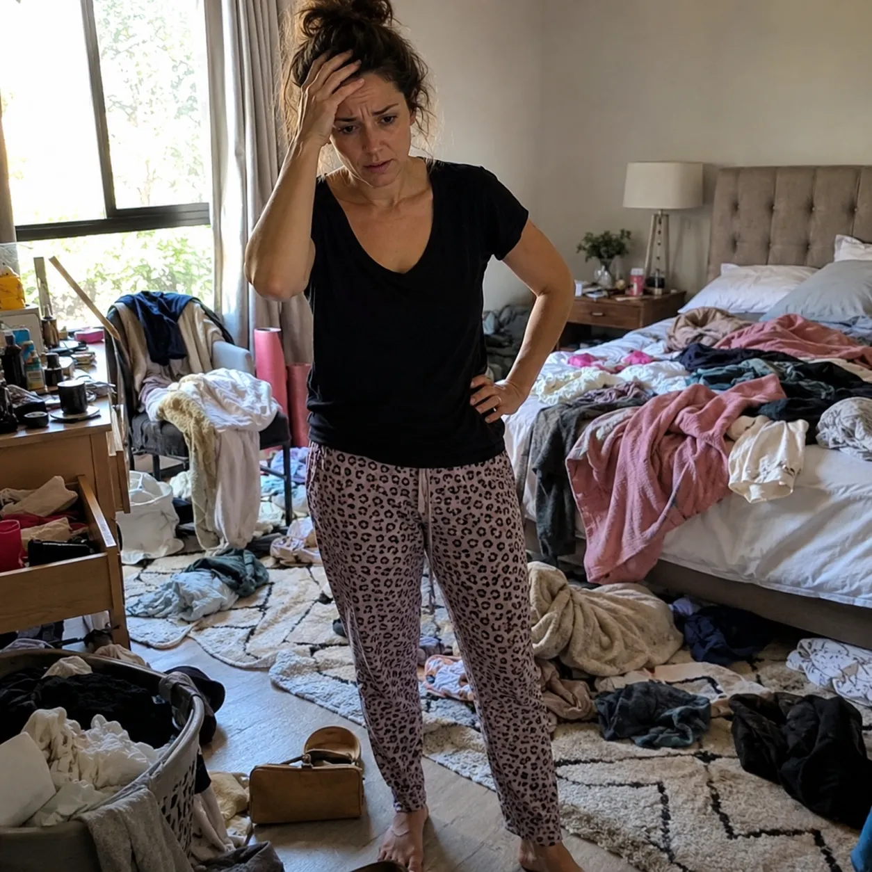 Mujer en medio de una habitación desordenada