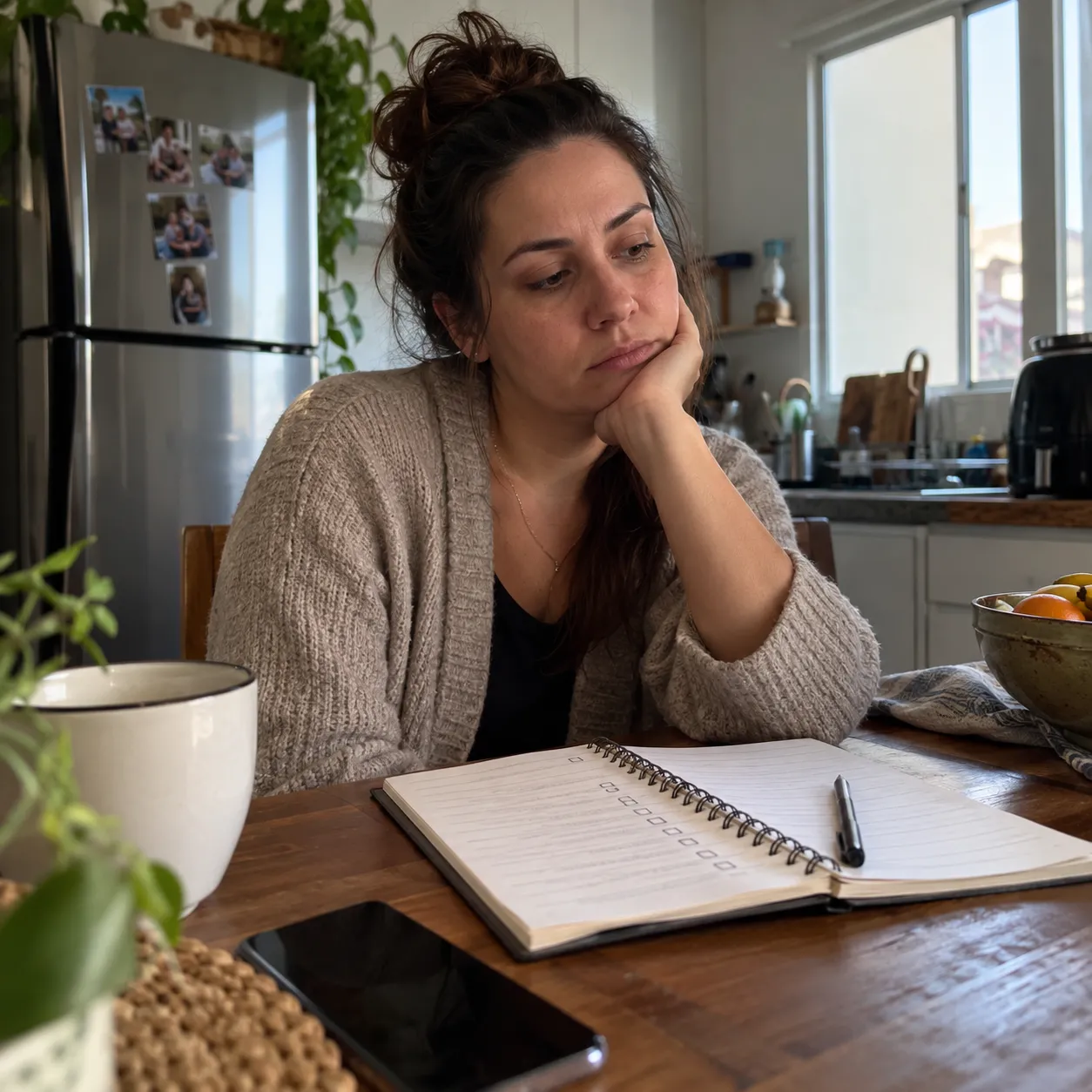 Mujer desanimada frente a una lista de tareas abandonada